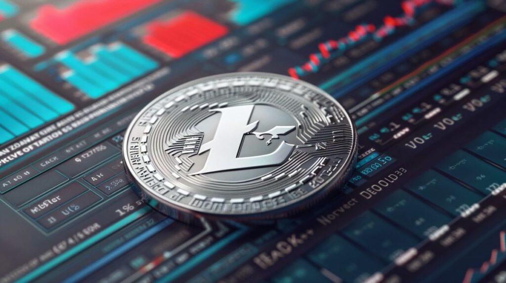 Monedă argintie cu simbolul Litecoin pe o interfață digitală cu grafice, reprezentând tranzacționarea online a criptomonedei Litecoin