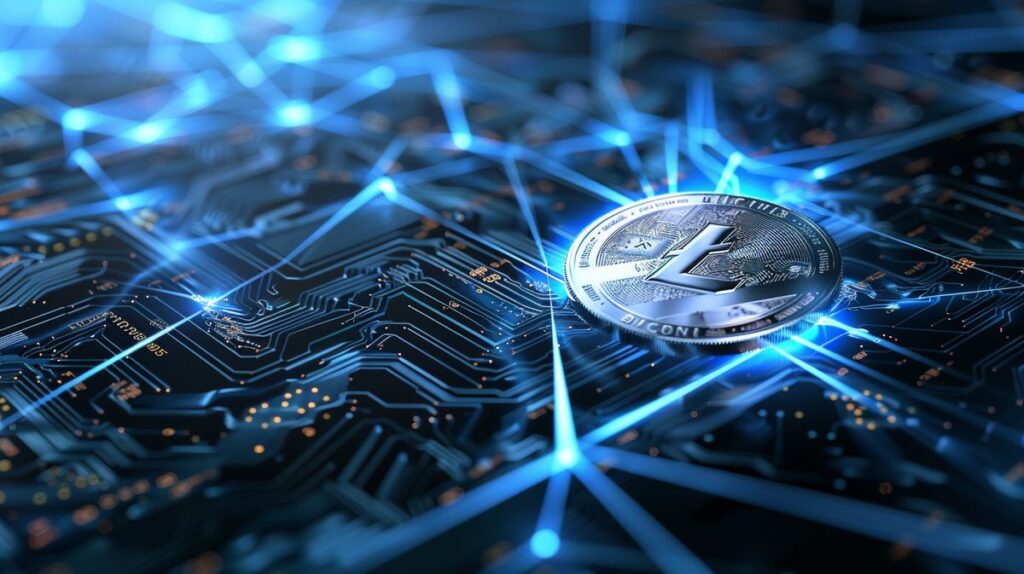 Monedă digitală Litecoin argintie plutind peste o rețea de noduri conectate care simbolizează tehnologia MWEB, cu noduri și conexiuni luminate în albastru pe un fundal digital întunecat și futurist