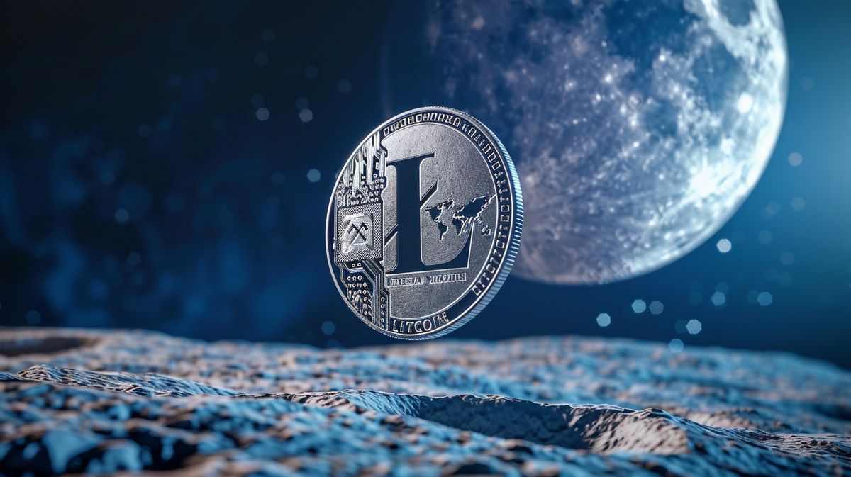 Monedă Litecoin argintie plutiind într-un cer nocturn limpede deasupra unei Luni detaliate, iluminând blând suprafața acesteia