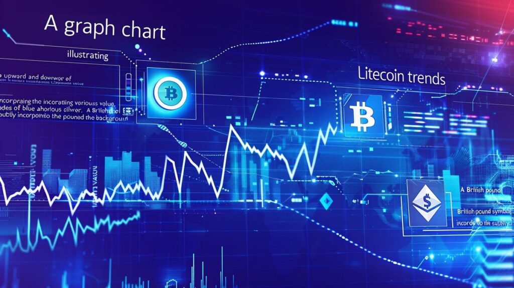 Grafic cu tendințele prețului Litecoin GBP, nuanțe de albastru și argintiu, cu simbolul lirei sterline în fundal