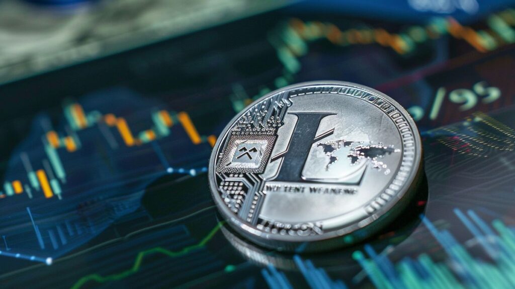 Monedă de argint cu logo-ul Litecoin pe un fundal digital cu graficul fluctuațiilor valorilor criptomonedelor