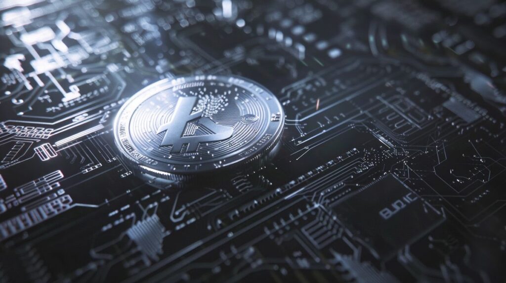 Monedă digitală Litecoin argintie cu suprafață strălucitoare pe fundal tehnologic avansat, simbolizând tehnologia blockchain