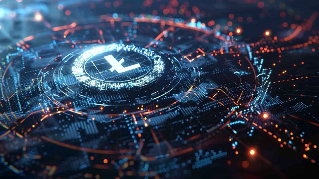 Contor invers pentru înjumătățirea Litecoin cu ceas stilizat având logo-ul Litecoin la centru și fundal reprezentând tehnologia blockchain