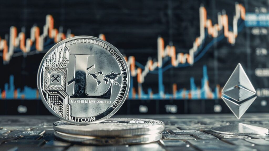 Monedă digitală Litecoin și reprezentare grafică a unui ETF în creștere