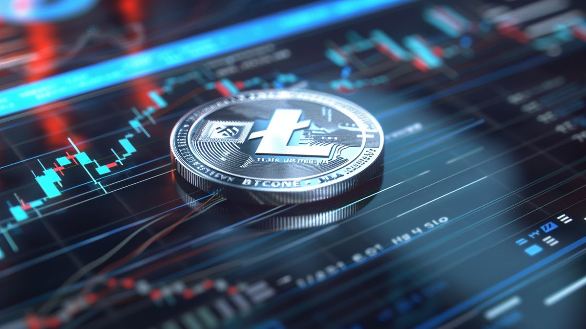 Monedă argintie cu simbolul Litecoin pe un fundal digital cu grafice și diagrame de tranzacționare online, ilustrând Criptomonedă Litecoin