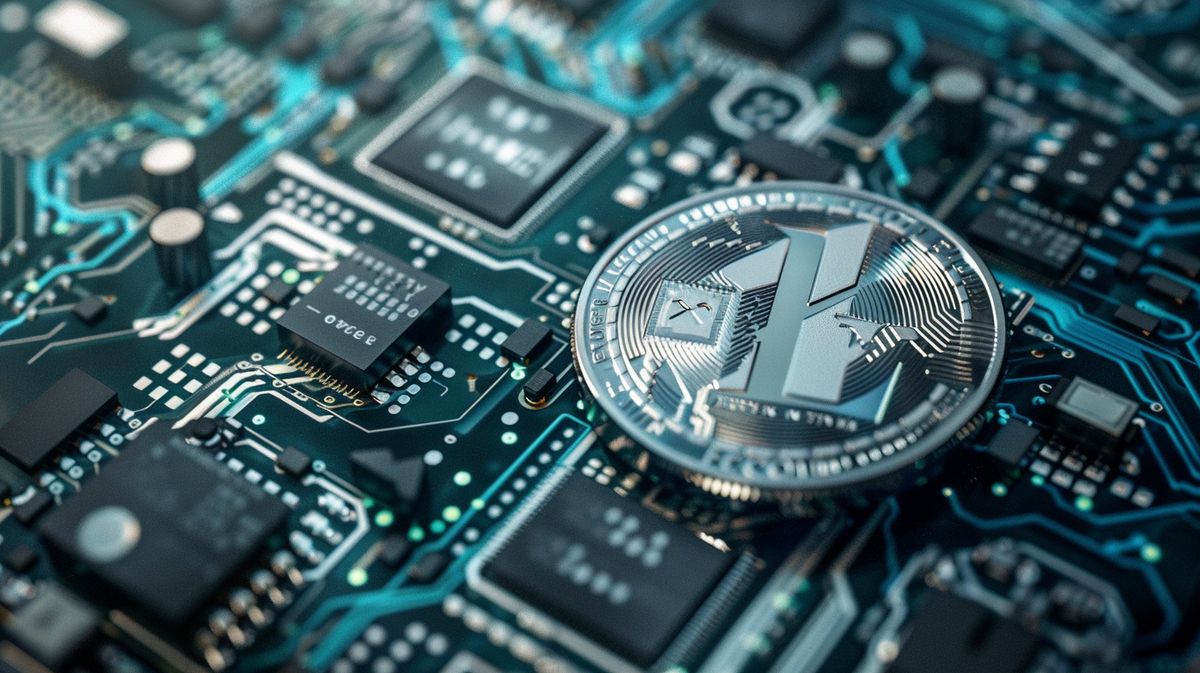 Monedă argintie cu logo-ul Litecoin pe un fundal digital ce reprezintă tehnologia blockchain, ilustrând Ce este Litecoin