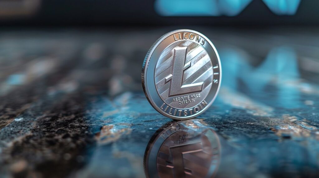 Monedă de argint cu logo-ul Litecoin pe un fundal digital ce simbolizează tehnologia și criptomoneda