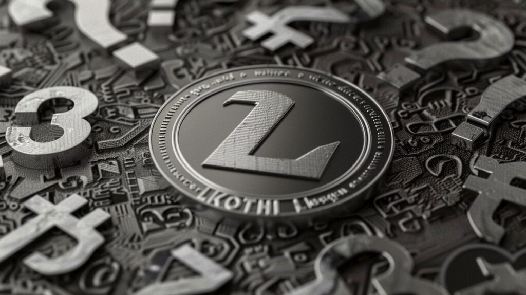 Logo Litecoin argintiu înconjurat de semne de întrebare de diverse dimensiuni, simbolizând anonimatul