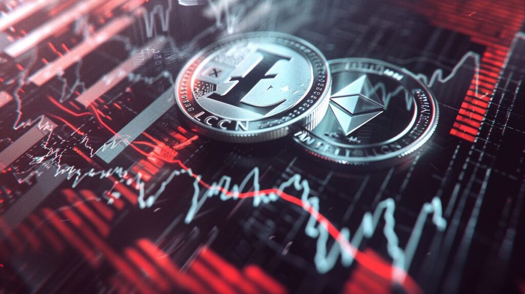 Monedă digitală Litecoin și reprezentare grafică a unui ETF indicând creștere