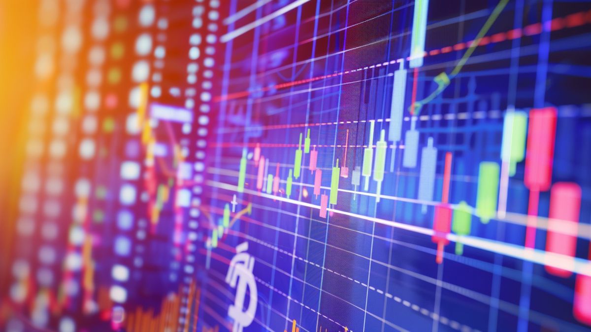 Ecran digital cu grafic fluctuant al cursului Litecoin, alături de logo-ul Litecoin